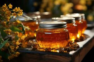 jar filled with honey on wooden table AI Generated photo