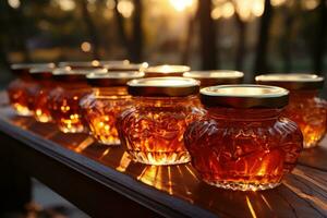 jar filled with honey on wooden table AI Generated photo