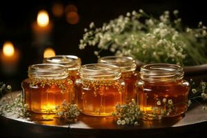 jar filled with honey on wooden table AI Generated photo