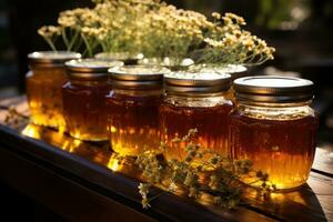 jar filled with honey on wooden table AI Generated photo