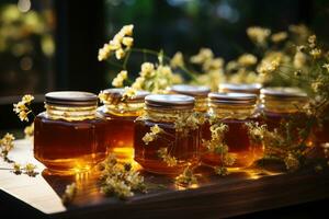 jar filled with honey on wooden table AI Generated photo