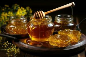 honey dripping from spoon jars filled with honey wooden table AI Generated photo