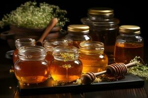 honey dripping from spoon jars filled with honey wooden table AI Generated photo