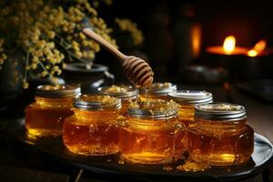 honey dripping from spoon jars filled with honey wooden table AI Generated photo