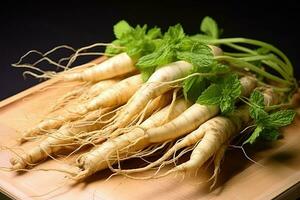 photos of ginseng in indoor photo studio AI Generated