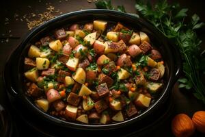 photos of beef stew in indoor photo studio AI Generated