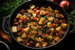 photos of beef stew in indoor photo studio AI Generated