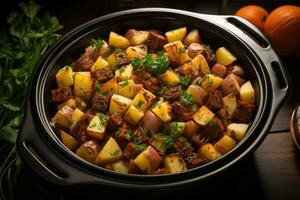 photos of beef stew in indoor photo studio AI Generated