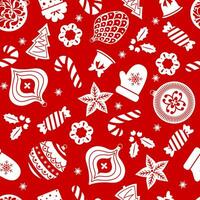 Seamless christmas pattern template in cartoon style with balls, snowflakes, candy cane, holly berry and tree on red background vector