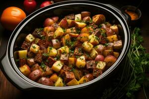 photos of beef stew in indoor photo studio AI Generated