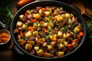 photos of beef stew in indoor photo studio AI Generated