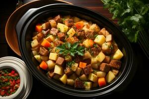 photos of beef stew in indoor photo studio AI Generated