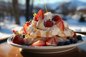 fruit pavlova on a beautiful winter decorated table AI Generated photo