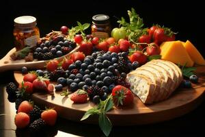 photos of cutting board with fruits and a knife in indoor photo studio AI Generated