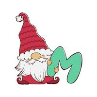 Cute gnome holding a letter M for Christmas and New Year. Vector illustration of cartoon doodle character of dwarf.