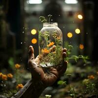 hand holding green tree in form of environment eco concept generative Ai. photo