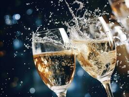 AI Generated Ai generation. Two glasses of champagne with splash over black background. Celebration photo
