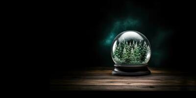 AI Generated Ai generation. Snow globe with fir trees inside on wooden table at night. Empty space. photo