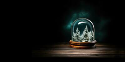 AI Generated Ai generation. Snow globe with fir trees inside on wooden table at night. Empty space. photo