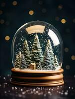 AI Generated Ai generation. Snow globe with christmas trees on dark background. Christmas concept. photo