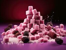 AI Generated Ai generation. Pink sugar cubes with blackberries and raspberries on purple background photo