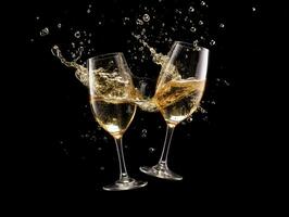 AI Generated Ai generation. Two glasses of champagne with splash over black background. Celebration photo