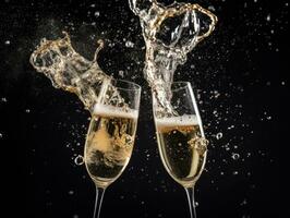 AI Generated Ai generation. Two glasses of champagne with splash over black background. Celebration photo