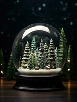 AI Generated Ai generation. Snow globe with christmas trees on dark background. Christmas concept. photo