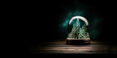 AI Generated Ai generation. Snow globe with fir trees inside on wooden table at night. Empty space. photo