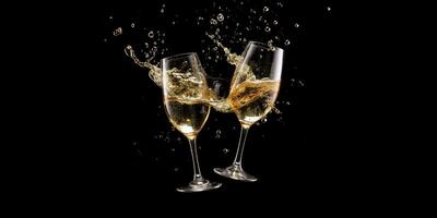AI Generated Ai generation. Two glasses of champagne with splash over black background. Celebration photo