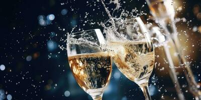 AI Generated Ai generation. Two glasses of champagne with splash over black background. Celebration photo