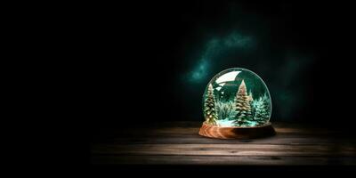 AI Generated Ai generation. Snow globe with fir trees and mountains inside on wooden table at night photo