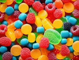 AI Generated Ai generation. Colorful lollipops and different colored round candy. Top view. photo