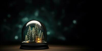 AI Generated Ai generation. Snow globe with fir trees inside on wooden table at night. Empty space. photo