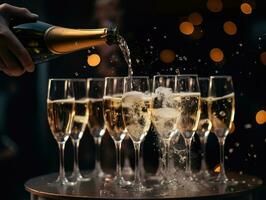 AI Generated Ai generation. Champagne pouring into glasses on blurred background with bokeh effect. photo