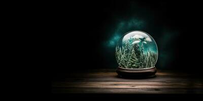 AI Generated Ai generation. Snow globe with fir trees inside on wooden table at night. Empty space. photo