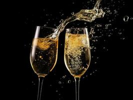 AI Generated Ai generation. Two glasses of champagne with splash over black background. Celebration photo