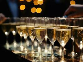 AI Generated Ai generation. Champagne pouring into glasses on blurred background with bokeh effect. photo