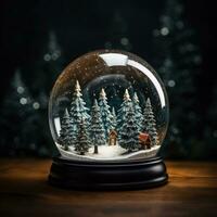 AI Generated Ai generation. Snow globe with christmas trees on dark background. Christmas concept. photo