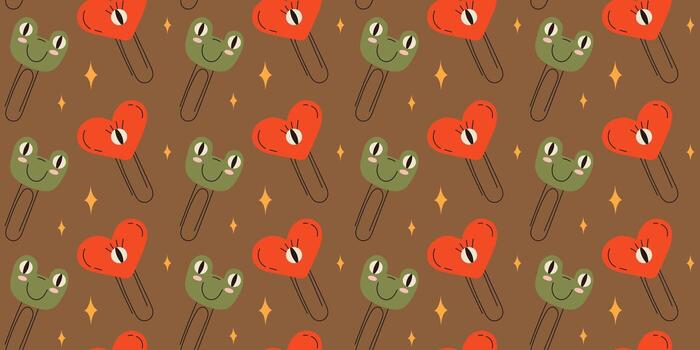 Seamless pattern with childrens paper clips on a brown background. paper clip frog. Pattern for wrapping paper print on fabric. Vector stock illustration in hand drawn style.