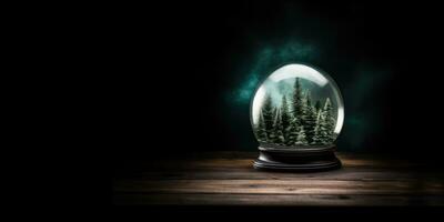 AI Generated Ai generation. Snow globe with fir trees and mountains inside on wooden table at night photo