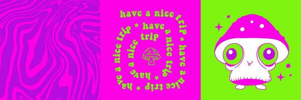 Retro 70's psychedelic hippie mushroom character prints set with groovy slogan for graphic tee t shirt or sticker poster - Have a nice trip. Wavy fluid pattern. Neon Vector design.