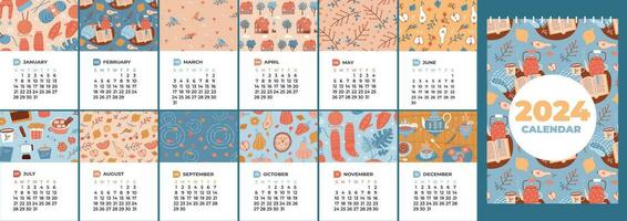 2024 calendar with 12 months sheets design. Vertical a4 a3 size template. Four seasons nature cute cozy patterns. Natural mood. Vector illustration in flat cartoon style. Week starting on Sunday.