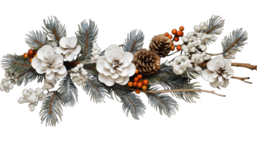 Fir branch, with branches of berries and snow isolated. snowing fir tree branch, isolated on transparent background, AI generated png