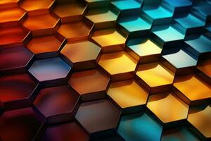 AI Generated AI generation. Abstract metal background with hexagons in blue and orange colors. photo