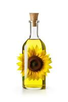 AI Generated Ai generation. Delicious olive oil in a glass bottle and sunflower flower with leaves photo