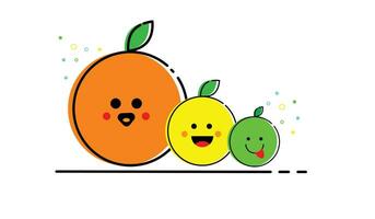 Vector illustration of cute orange cartoon character isolated on white background. Fruit cartoon set with smiling emoji.