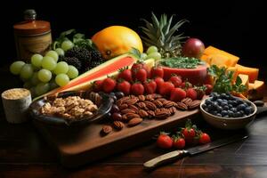 fotos de corte tablero con frutas y un cuchillo en interior foto estudio ai generado