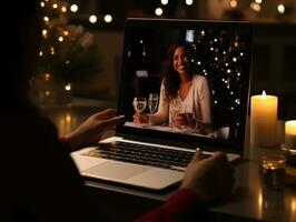 AI Generated AI generation. Video call on Christmas Day. Online holiday, remote celebration of photo