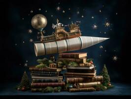 AI Generated Ai generation. Christmas and New Year background with old book, christmas tree, starry photo